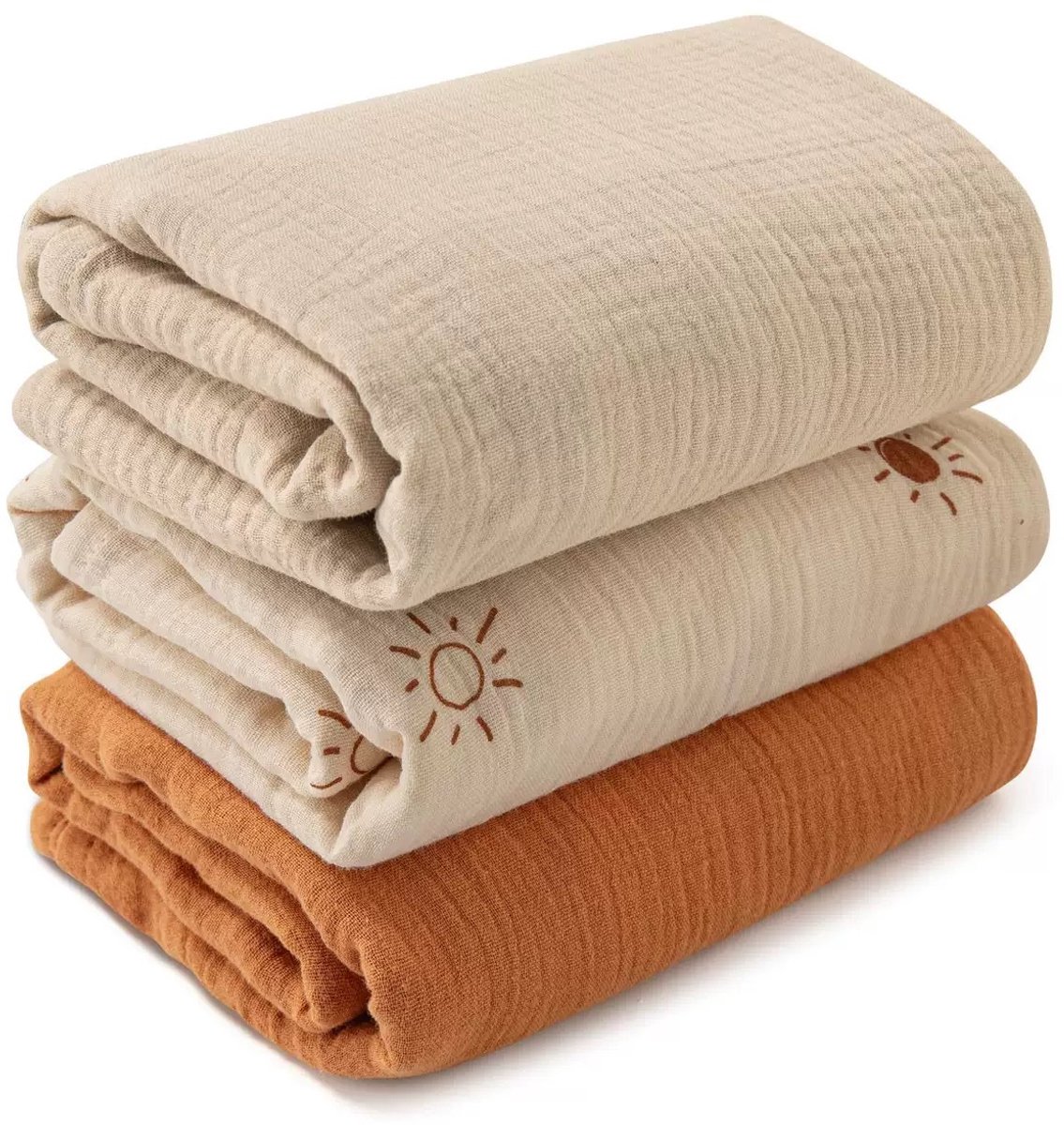 Gerimpeld katoen‑gaas baby wikkeldeken, set van 3 stuks, 100×100 cm,wasbare baby deken，Set van 3 multifunctionele baby dekens, ademend gerimpeld gaas‑katoen, wikkeldoek voor pasgeboren baby（Khaki + zon + oranje）