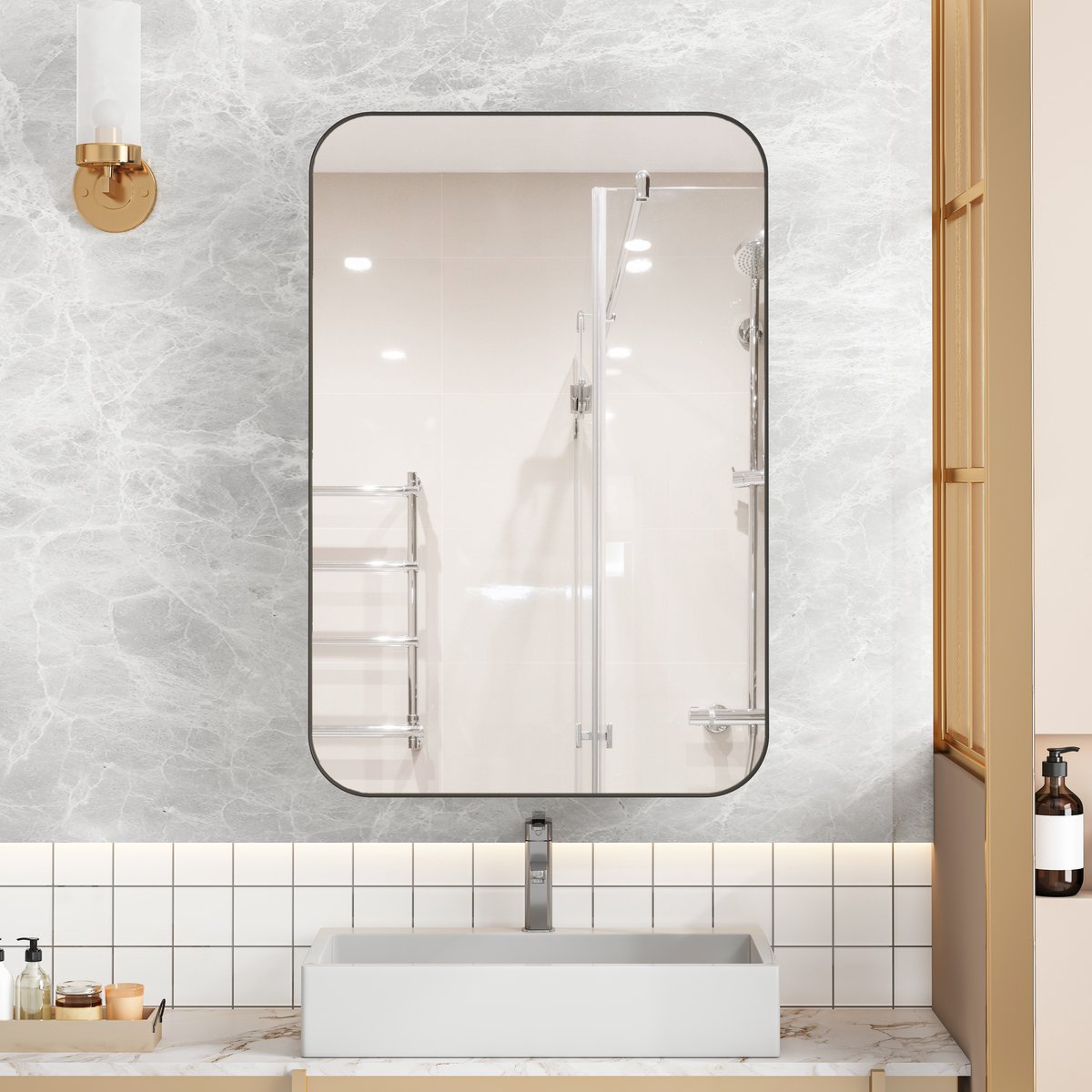 Zwarte rechthoekige inbouwspiegelkast - verstelbare legplanken - opbergruimte - wandmontage - metalen frame - voor badkamer, woonkamer en slaapkamer
