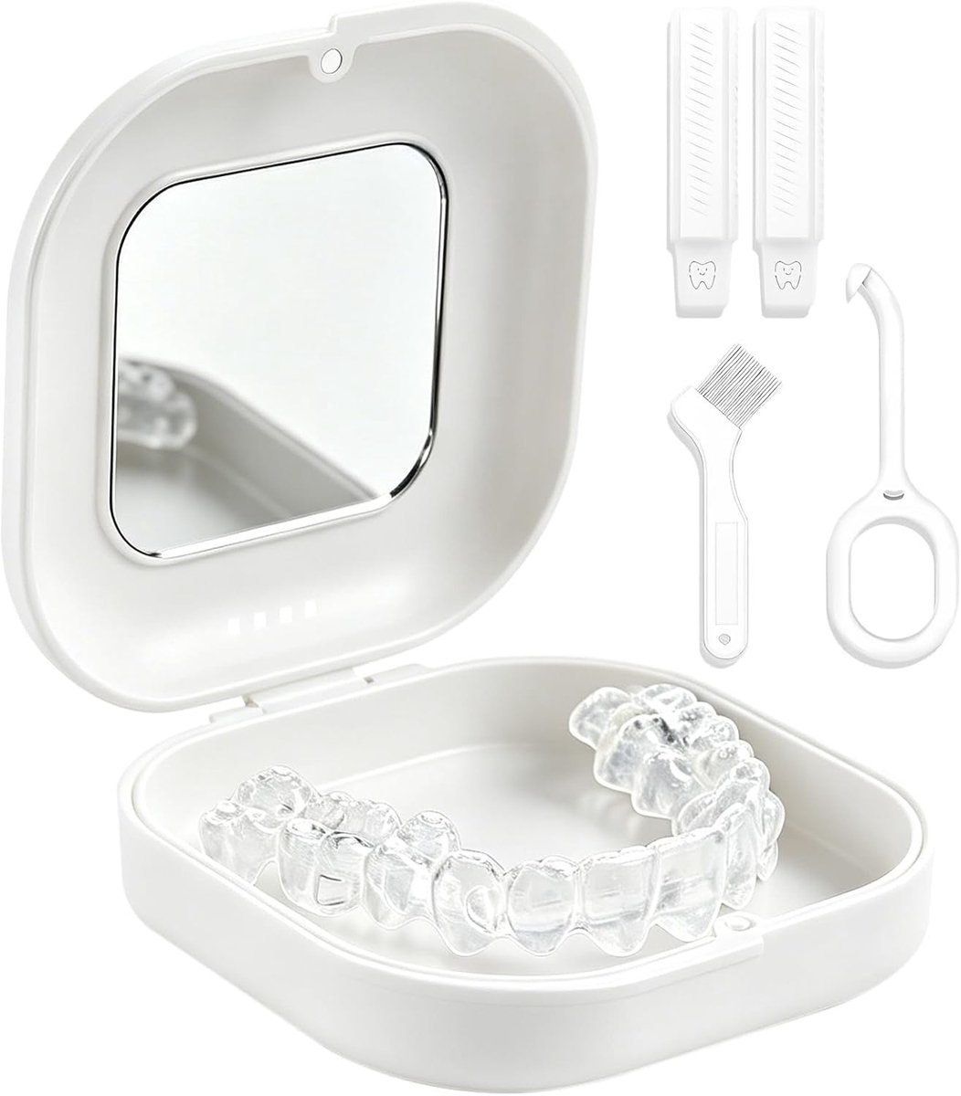 Tandbeugeldoos met spiegel en verwijderingsgereedschap voor orthodontische en onzichtbare beugels, inclusief borstel en gebitdoos