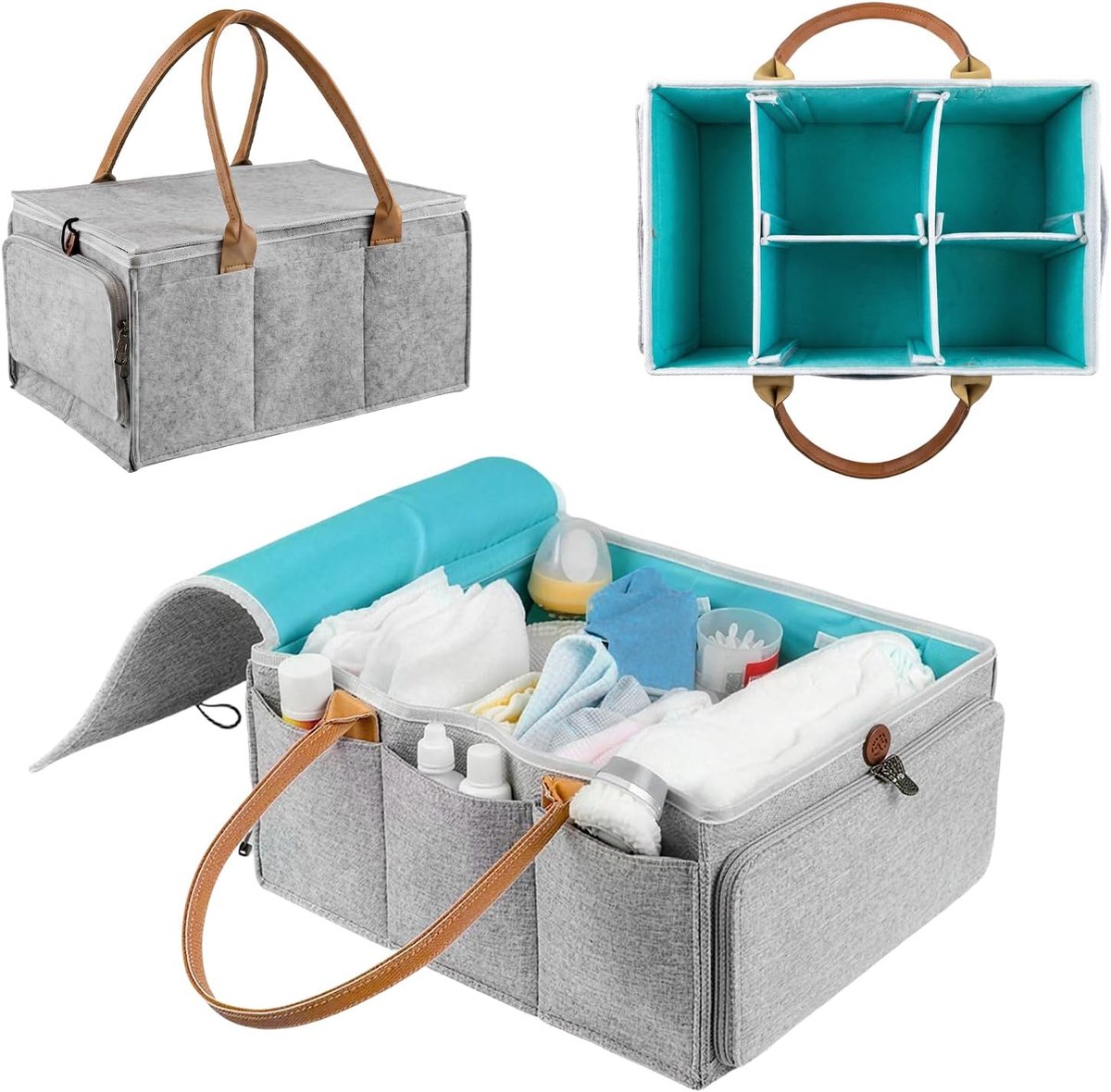Luiertas - luier organizer - Luieropbergmand - Commodemandje - luier opberger - Luiermand voor Baby Kamer - Grote opbergmand voor baby's - Geschikt voor het opbergen van luiers, billendoekjes, flesjes en speelgoed - 36×23×18 cm - Grijs