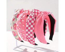 Huachi felroze dameshaarbanden, schattig en stijlvol, set van 4, schattige haarbanden met bloemenprint en knoop, antislip, modieuze haarbanden met brede bovenkant en knoop, trendy roze item, een cadeau voor meisjes