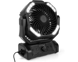 20000 mAh USB-campingventilator met LED-verlichting, draagbare oplaadbare bureau-/tentventilator met afstandsbediening en haak, 270° draaibare kop voor vissen en als windscherm.