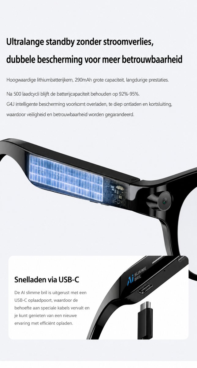 Slimme AI Vertaalbril – Camera 2MP – Video & Foto – Bluetooth Oortelefoons – AI Spraakassistent – Muziekweergave – Real-time Vertaling – Touchbediening – Zwart