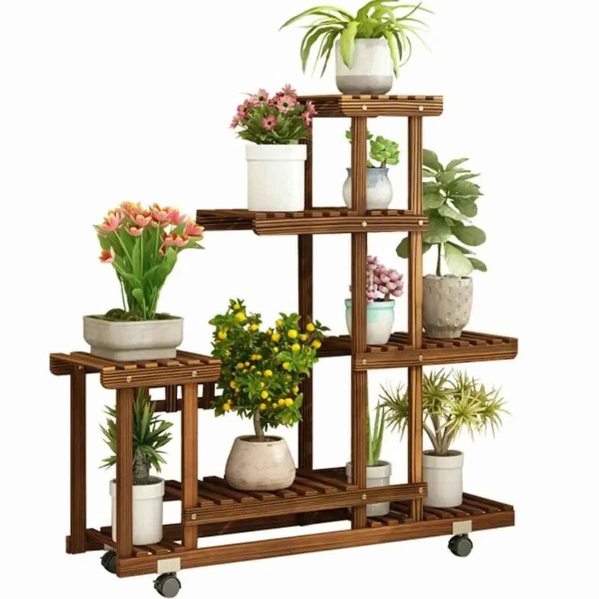 DPLUNIQ Plantenstandaard - Plantenrek - Plantentafel - Plantenzuil - 5 lagen - Wieltjes - Binnen en Buiten - 95x26 x96 cm - Grenenhout