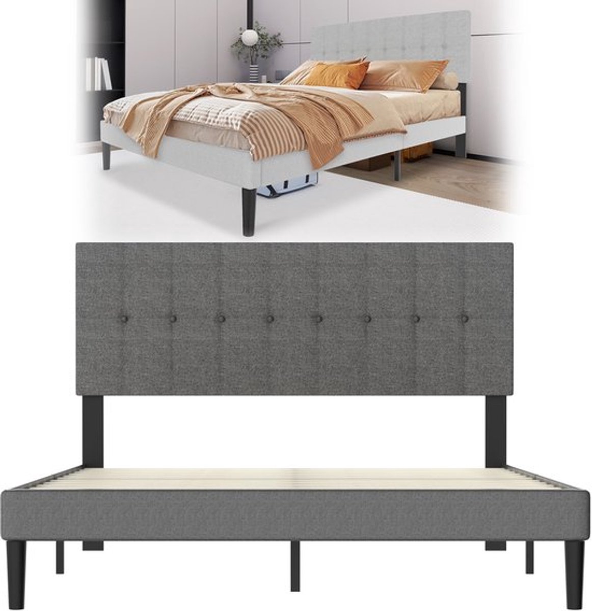 Bedframe – Gestoffeerd Bed – Ledikant – Slaapkamerbed – Lattenbodem – Donkergrijs – Linnen Hoofdbord – Stevig 140x200 cm – Draagkracht 300 kg