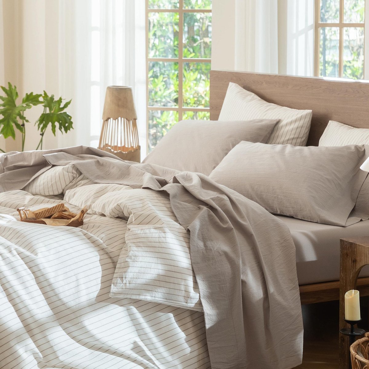 MOOMEE Beddengoedset, 100% gewassen katoen, linnen, gestructureerd, ademend, duurzaam, zacht, comfortabel (crèmegrijs - ShopVlot