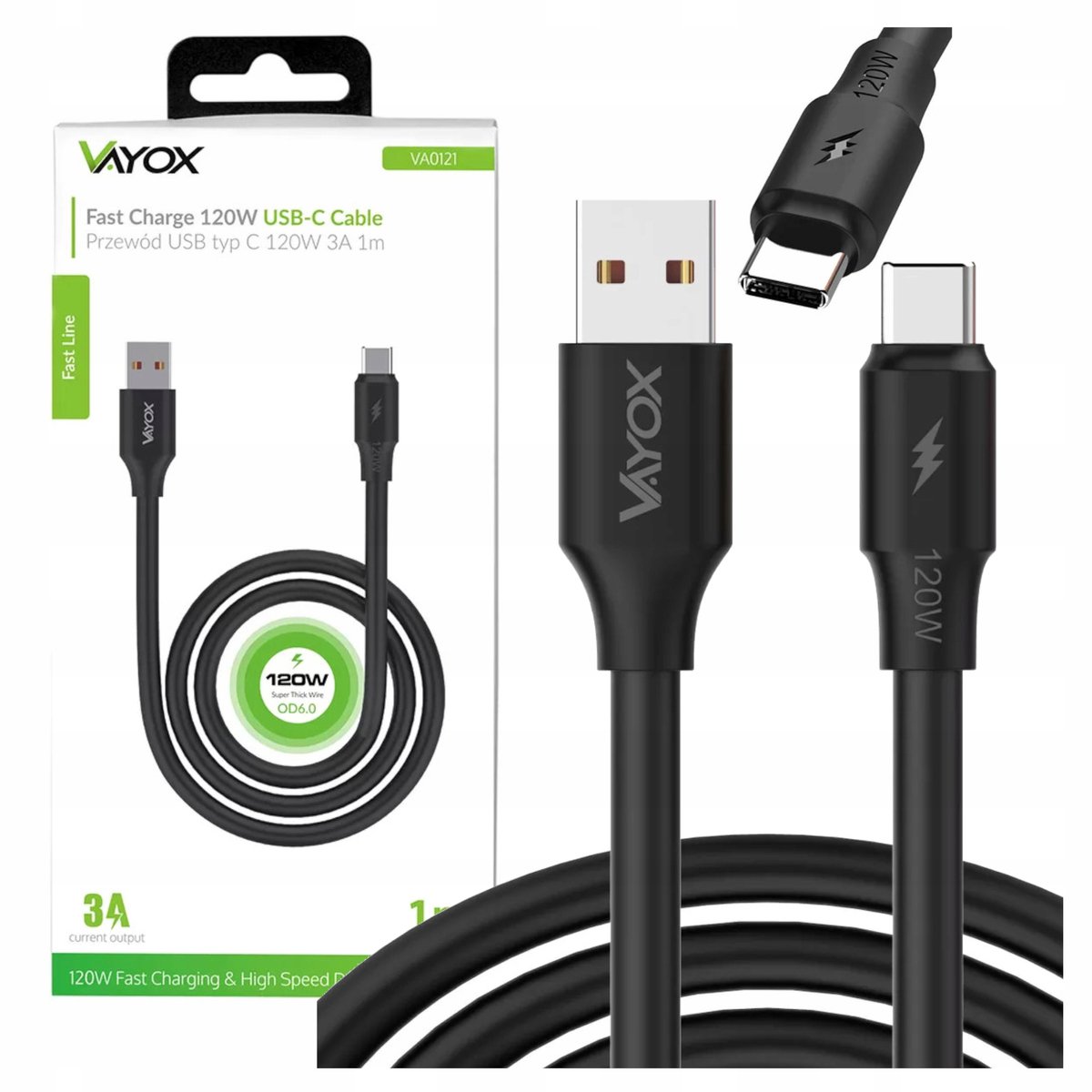 USB-C Kabel 1m 120W Super Snel Laden Versterkt Zwart