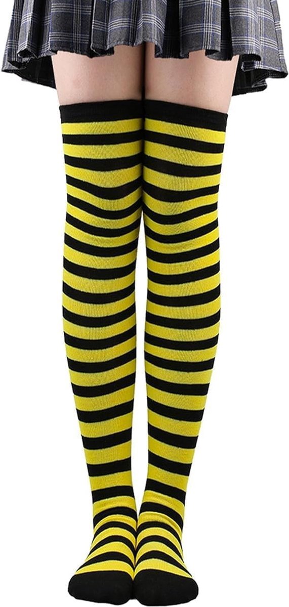 Gestreepte kniekousen voor dames met gele en zwarte kleuren - Perfect voor carnaval, kostuums en feestjes