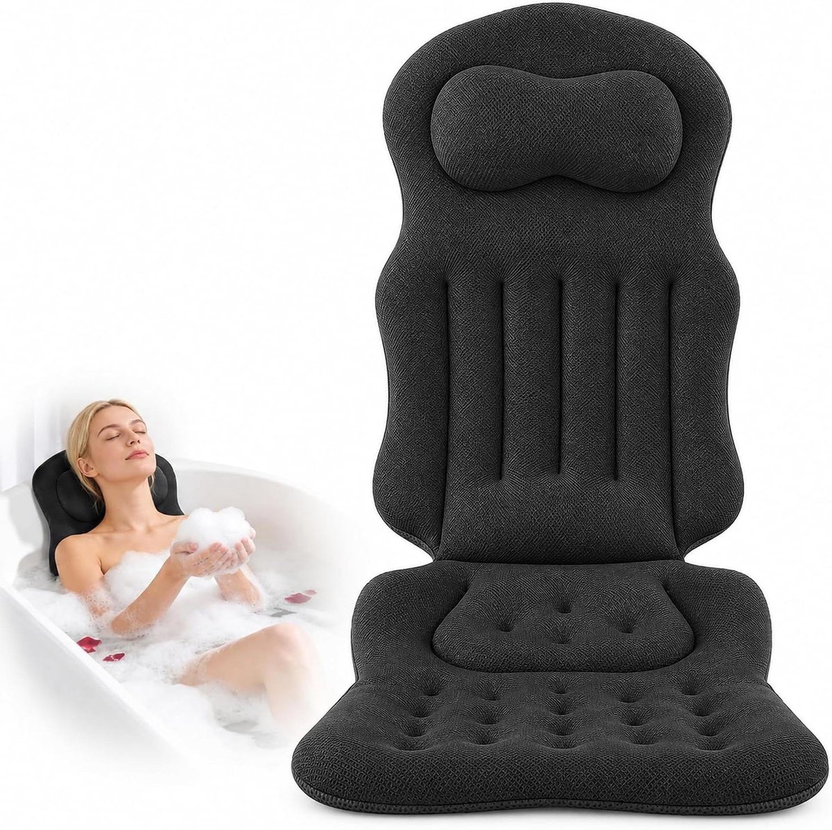 Badkussen Volledig Lichaam - Badsteun Nek - Ontspannen Baden - 4D Air-Mesh Ademend - 62 x 67 cm - Zwart