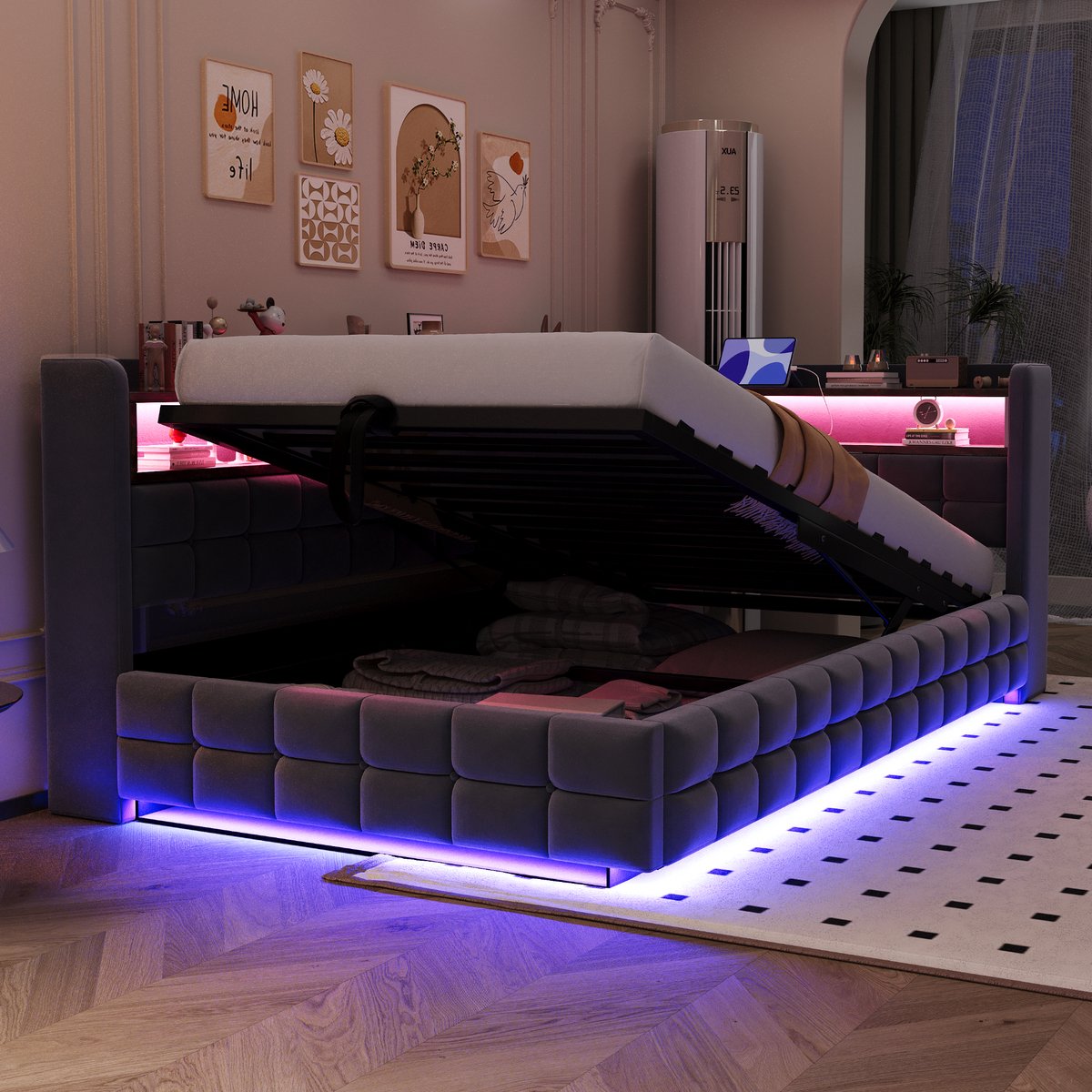 Kinderbed, Multifunctioneel gestoffeerd bed slaapbank 90 × 200 cm, met hydraulische opbergruimte, houten rek, LED-lichtstrip, stopcontact, USB- en Type-C-oplaadpoorten, lattenbodem ondersteuning, fluweel stof donkergrijs