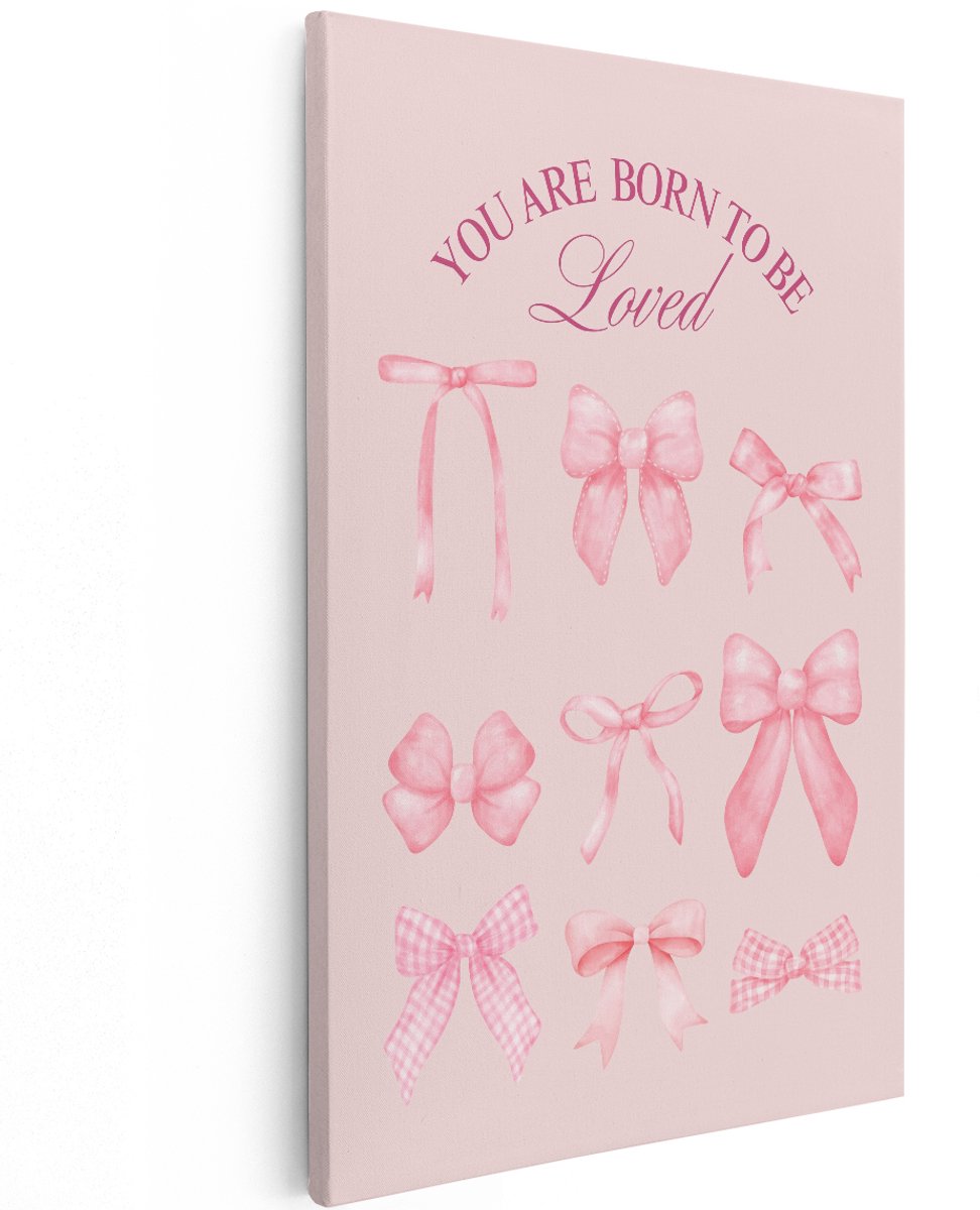 Artaza Canvas Schilderij Roze Strikken - 100x150 cm - Groot - Wanddecoratie Meisjeskamer - Muurdecoratie Kinderkamer - Decoratie Born To Be Loved