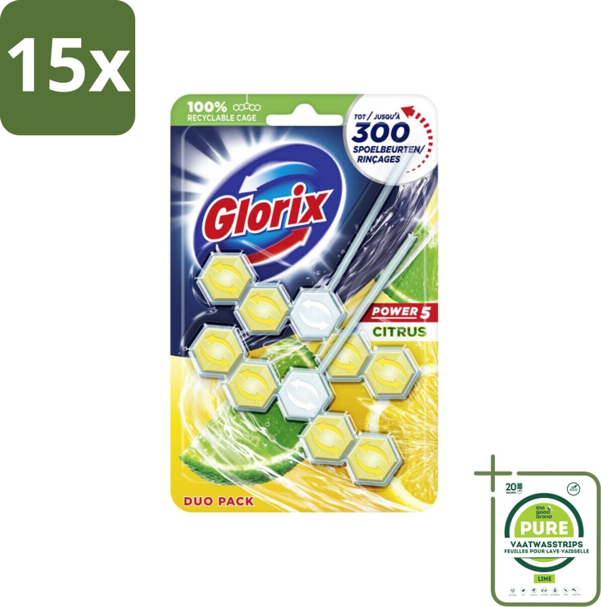 15 x Glorix - Power 5 - Toiletblok - Citrus - Langdurige Frisheid - 2 Blokken - Grootverpakking - Toilet Schoonmaak - Toiletblok - Toilet Reiniging - Citrusgeur - Kalk Verwijderaar