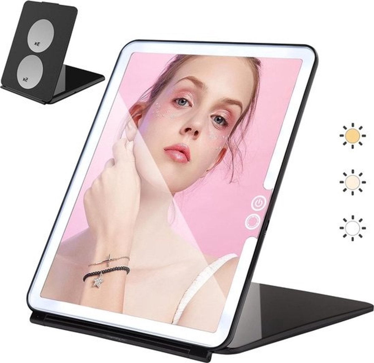 Lichte Reis Make-up Spiegel 3X 5X Vergroot - USB Charge Opvouwbare Staande Spiegel - Touch Screen 3 Kleuren Helderheid Verstelbare Draagbare Cosmetische Spiegel