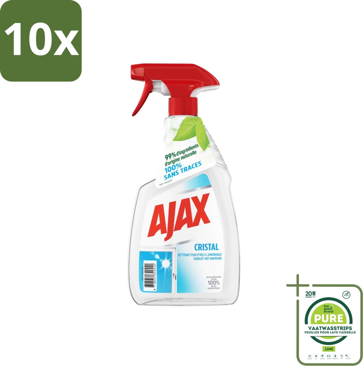 10 x Ajax - Ruitenreiniger - Cristal - Spray Met Ammoniak - 750 ml - Grootverpakking - Ramenreiniger - Ruitenreiniger - Ammoniak - Streeploos - Glasreiniger