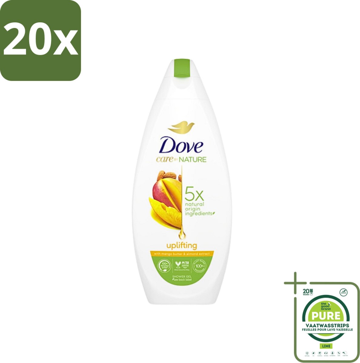 20 x Dove Care By Nature - Uplifting - Douchegel - Mangoboter & Almond Extract - 225 ml - Grootverpakking - Douchegel - Dove - Mangoboter - Amandelextract - Hydraterend