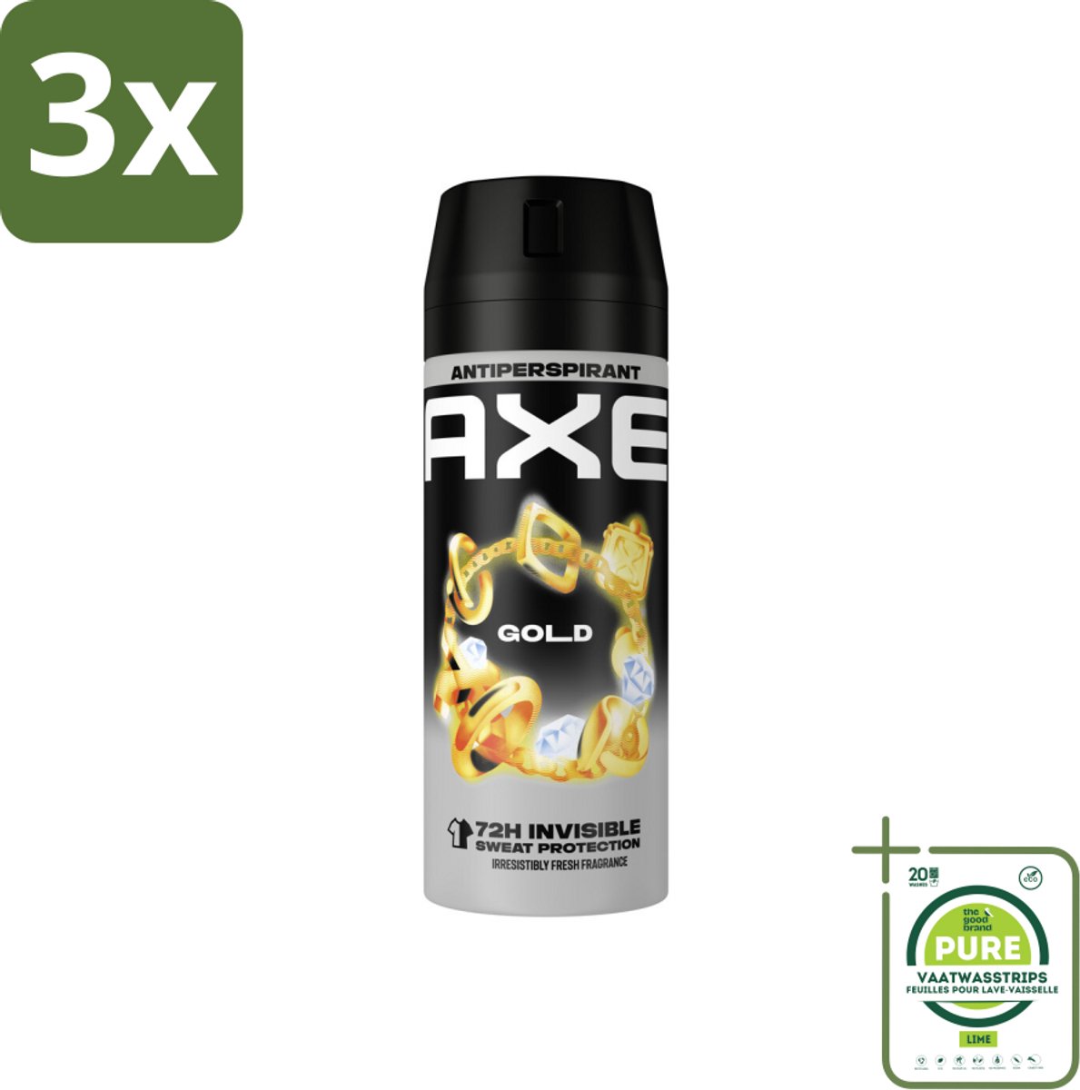 3 x Axe - Deodorant Spray - 72hrs Anti Sweat - Anti White Marks - Gold - 150 ml - Grootverpakking - Anti-transpirant - Deodorant - Axe Gold - Oud Wood - Vanille