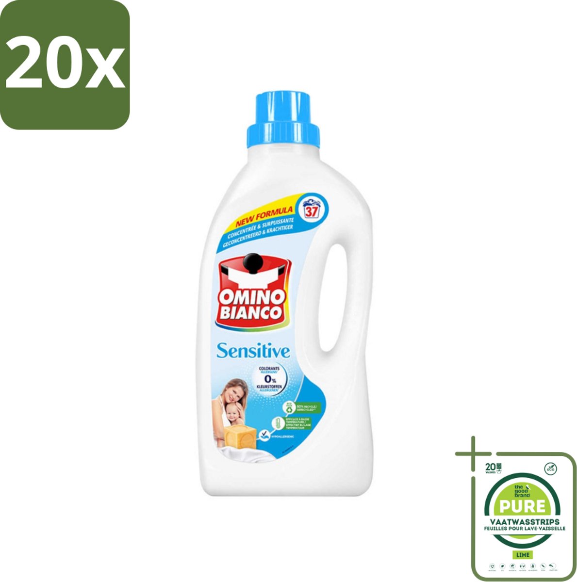 20 x Omino Bianco - Gevoelig - Wasmiddel - Witte & Gekleurde Was - 37 Wasbeurten - Grootverpakking - Wasmiddel - Gevoelige Huid - Hypoallergeen - Zonder Allergenen - Zonder Kleurstoffen