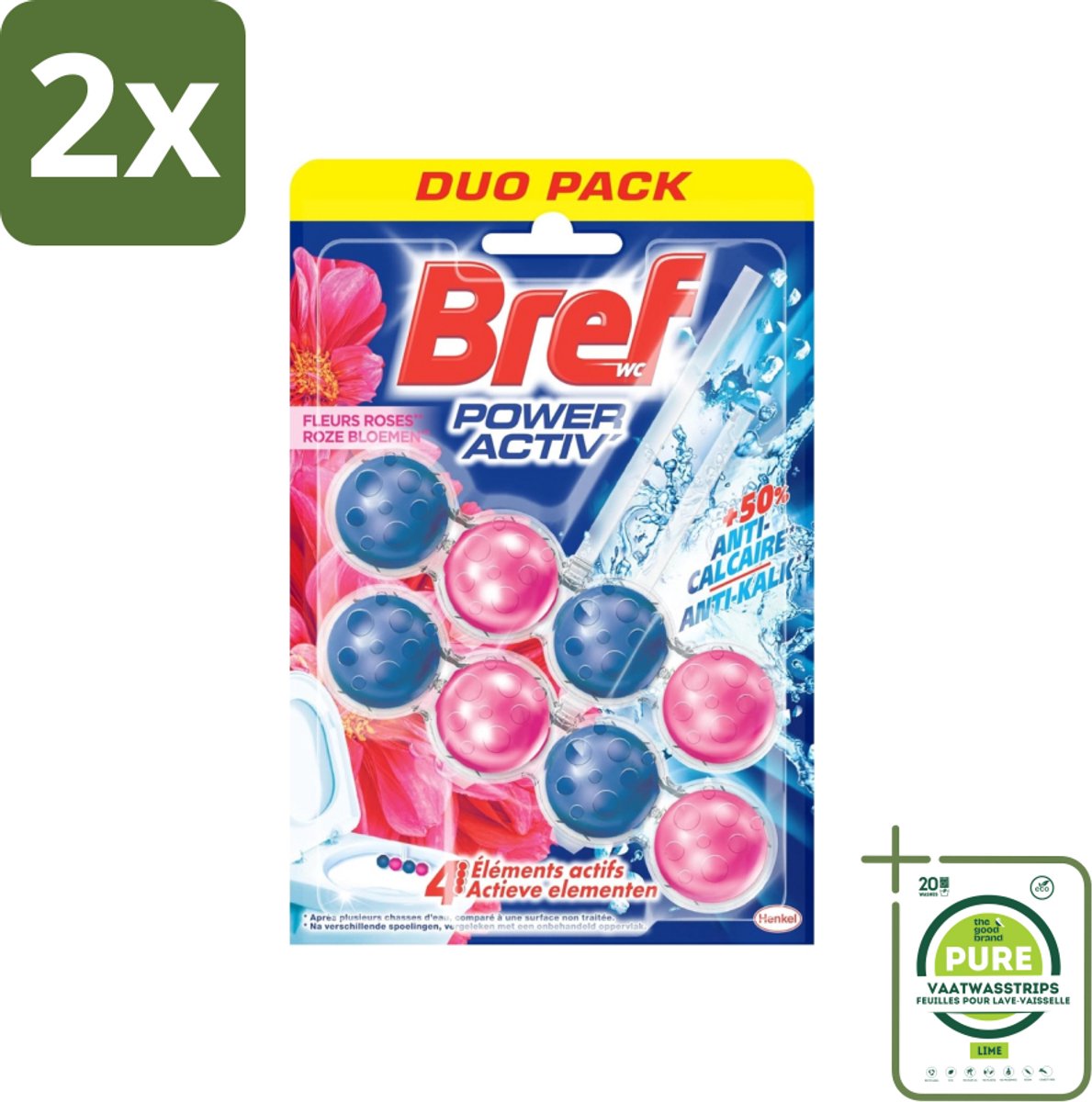 Bref WC - Power Activ+ - Toiletblok - Verse Bloemen - 2 Blokken - Voordeelverpakking - 2 stuks - Toiletblok - Toilet reiniger