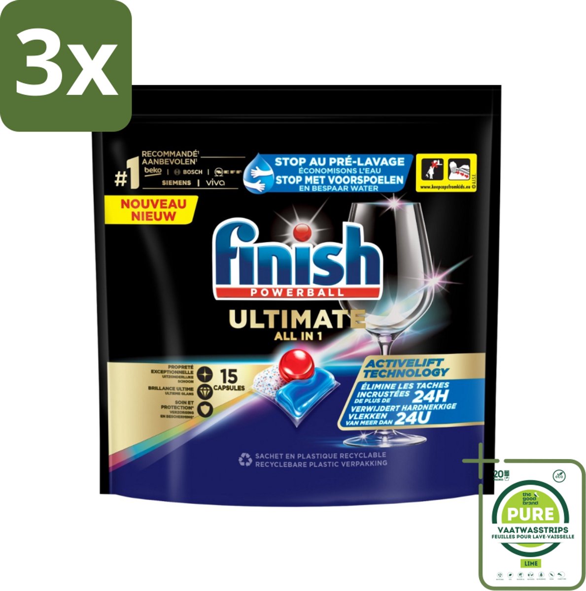 3 x Finish Powerball - Ultimate All in 1 - Vaatwastabletten - Activelift - 15 Capsules - Grootverpakking - Vaatwastabletten - Vaatwassertabletten - Finish Quantum - Activelift - Glans