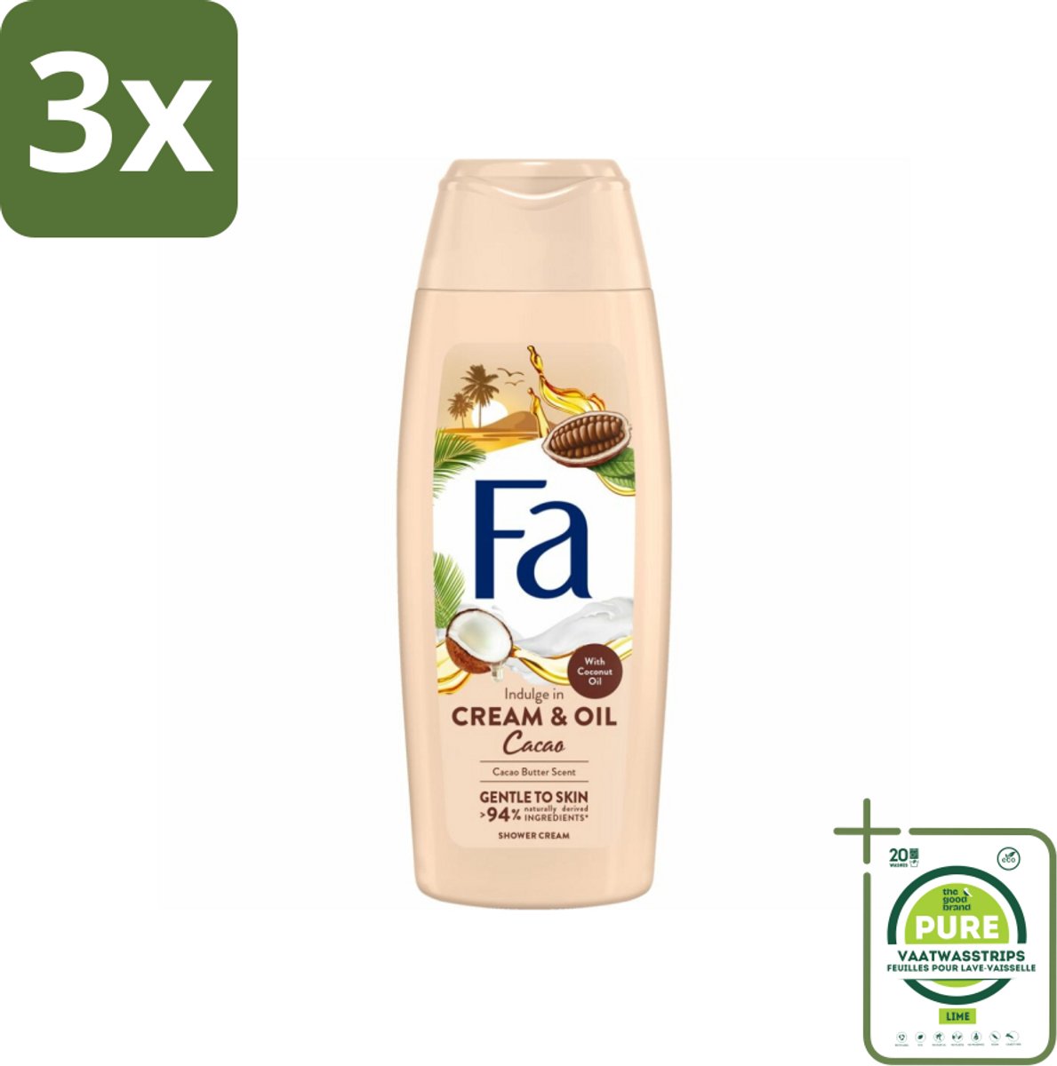 3 x Fa - Cream & Oil Cacao - Douchecrème - Cacaoboter Met Kokosolie - 250 ml - Grootverpakking - Douchecrème - Cacaoboter - Kokosolie - Hydraterende - Verzorging