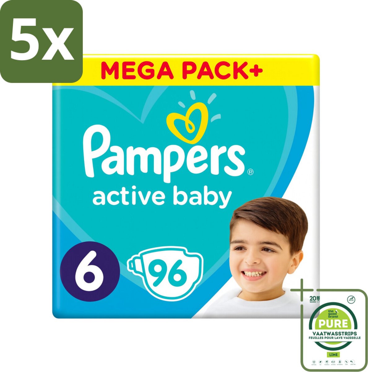 5 x Pampers - Active Baby - Luiers - Maat 6 (13-18 kg) - Extra Groot - 96 Luiers - Grootverpakking - Pampers Luiers - Baby Luiers - Luiers Maat 6 - Luiers Voor Actieve Baby's - Luiers Voor Peuters