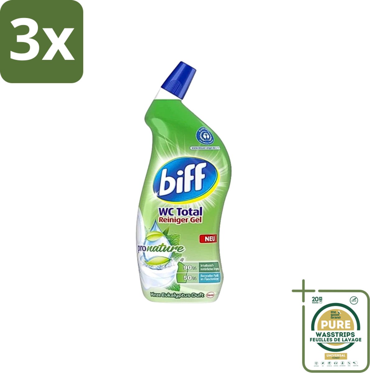 3 x Biff - WC Total Gel - ProNature Toiletreiniger - Mint Eucalyptus 750ml - Grootverpakking - Toilet Reinigen - Toilet Reinigingsgel - Mint Eucalyptus Geur - Kalkaanslag Verwijderen - Hygiëne Toilet