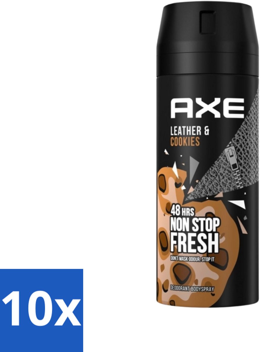 10 x Axe - Deodorant Bodyspray - 48hrs Fresh - Leather & Cookies - 150 ml - Deodorant - Bodyspray - 48 Uur Bescherming - Leer En Koekjes Geur - Zinktechnologie