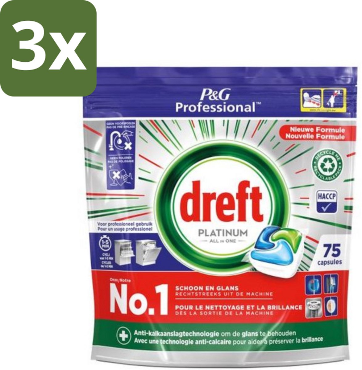 3 x Dreft Professional - Platinum - All In One - Vaatwascapsules - 75 Afwasbeurten - Vaatwassen - Vaatwasser Reinigen - Vaatwassen Capsules - Vaatwassen Kracht - Vaatwassen Glans