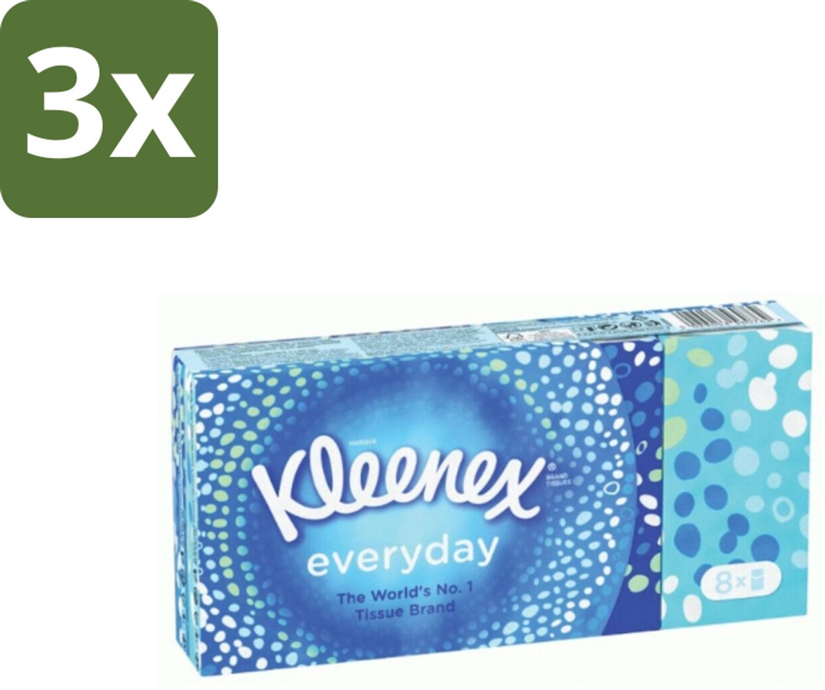 3 x Kleenex - Zakdoekjes - Everyday - 8 Pakjes Zakdoekjes - Zakdoekjes - Schoonmaak - Reinigen - Vlekken - Dagelijks Gebruik