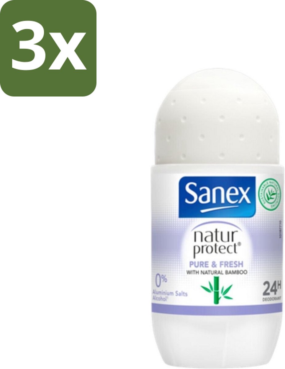 3 x Sanex Natur Protect - Deodorant Roller - Puur & Fris - Met Nattuurlijke Bamboo - 50 ml - Natuurlijke Deodorant - Bamboe Deodorant - Fris Gevoel - Vochtabsorberend - Aluminiumvrij