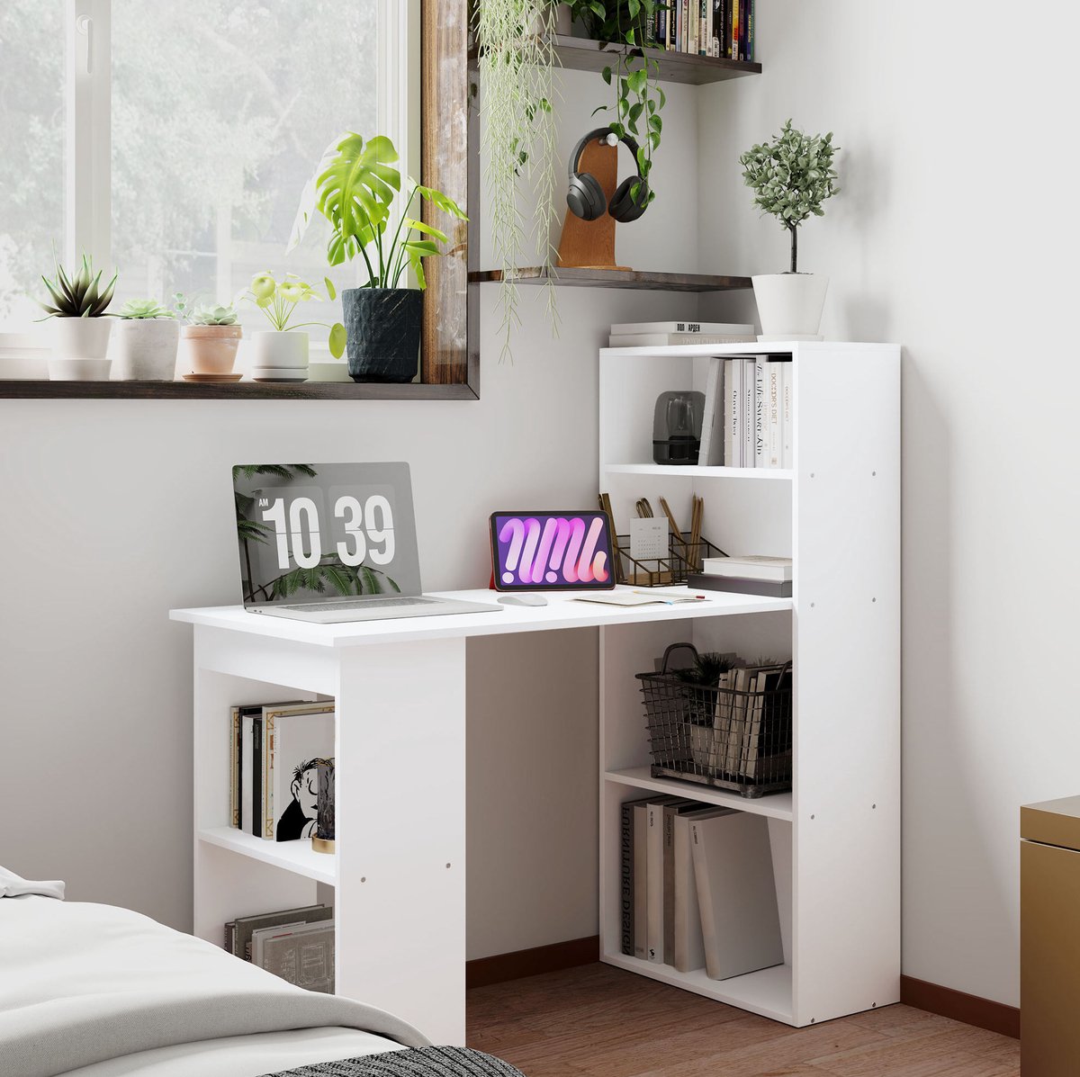REDOM - Bureau met opbergrek - 4 legplanken en 2 open vakken - Grote werkplek - Minimalistische stijl - Thuiswerk en kantoor - Spaanplaat - Wit - 120 x 55 x 120 cm