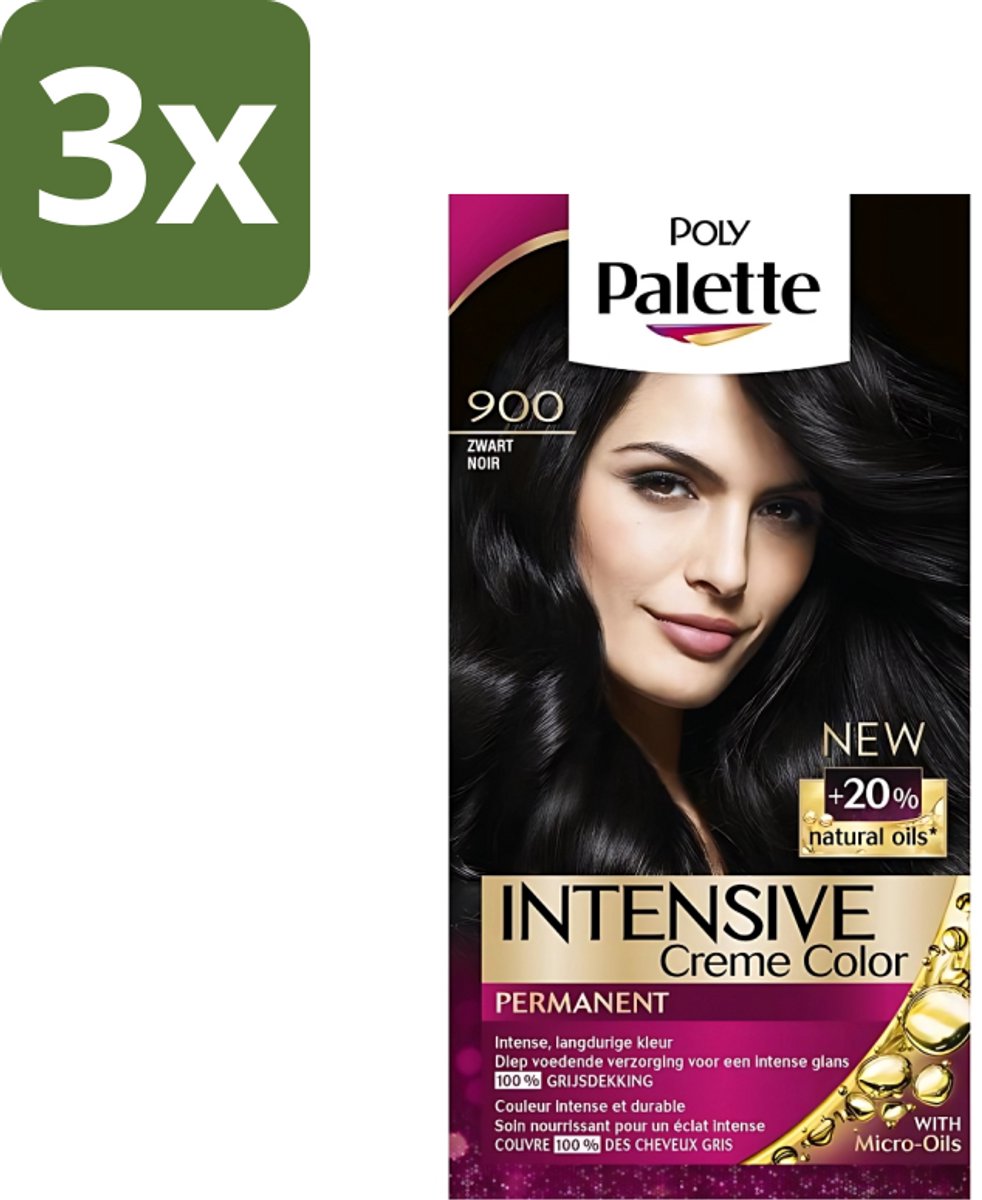 3 x Poly Palette - Haarverf - Zwart 900 - 115ml - Haarverf - Zwart - Arganolie - Haarkleur - Permanente Haarkleur