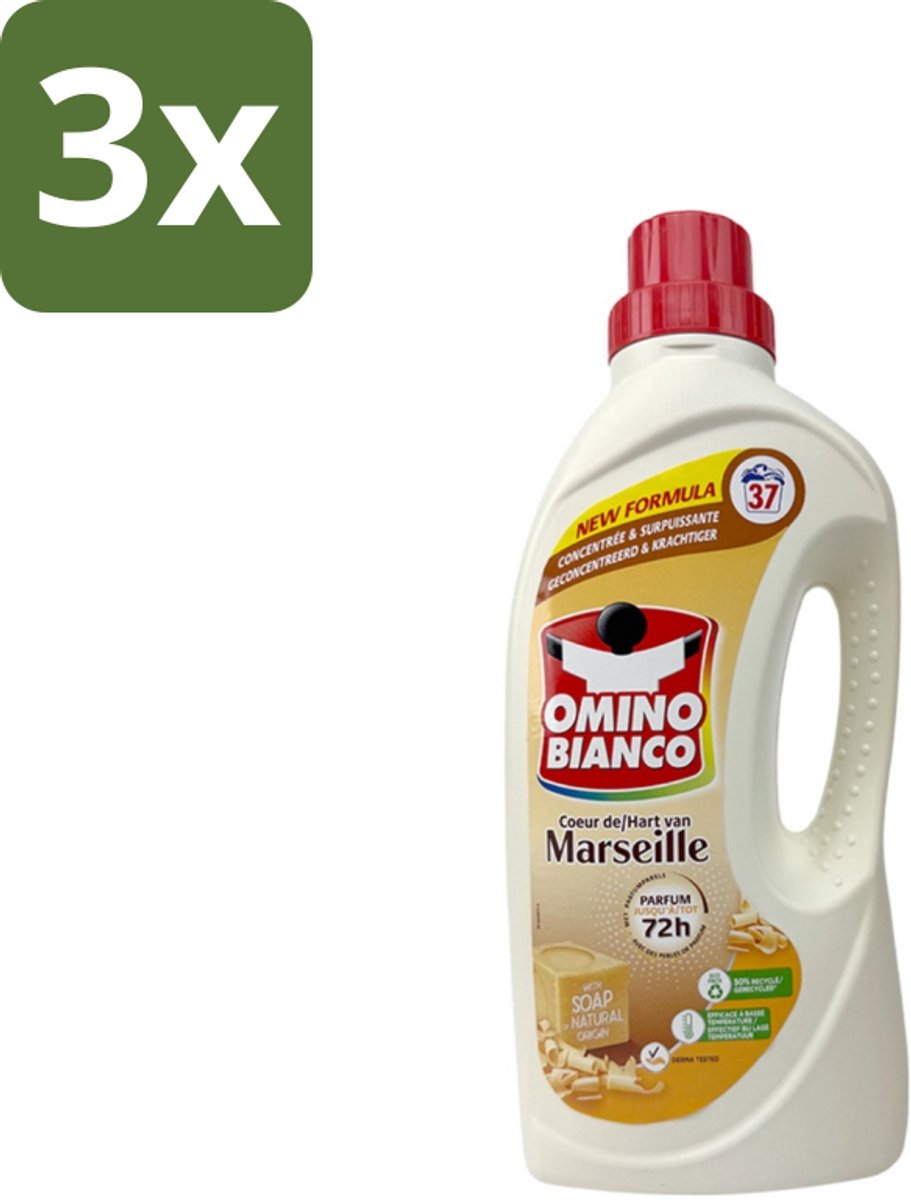 3 x Omino Bianco - Marseille - Wasmiddel - Natuurlijke Zeep - Witte & Gekleurde Was - 37 Wasbeurten - Marseille-zeep - Natuurlijke Zeep - Wasmiddel - Wasmiddel Voor Kleding - Enzymen