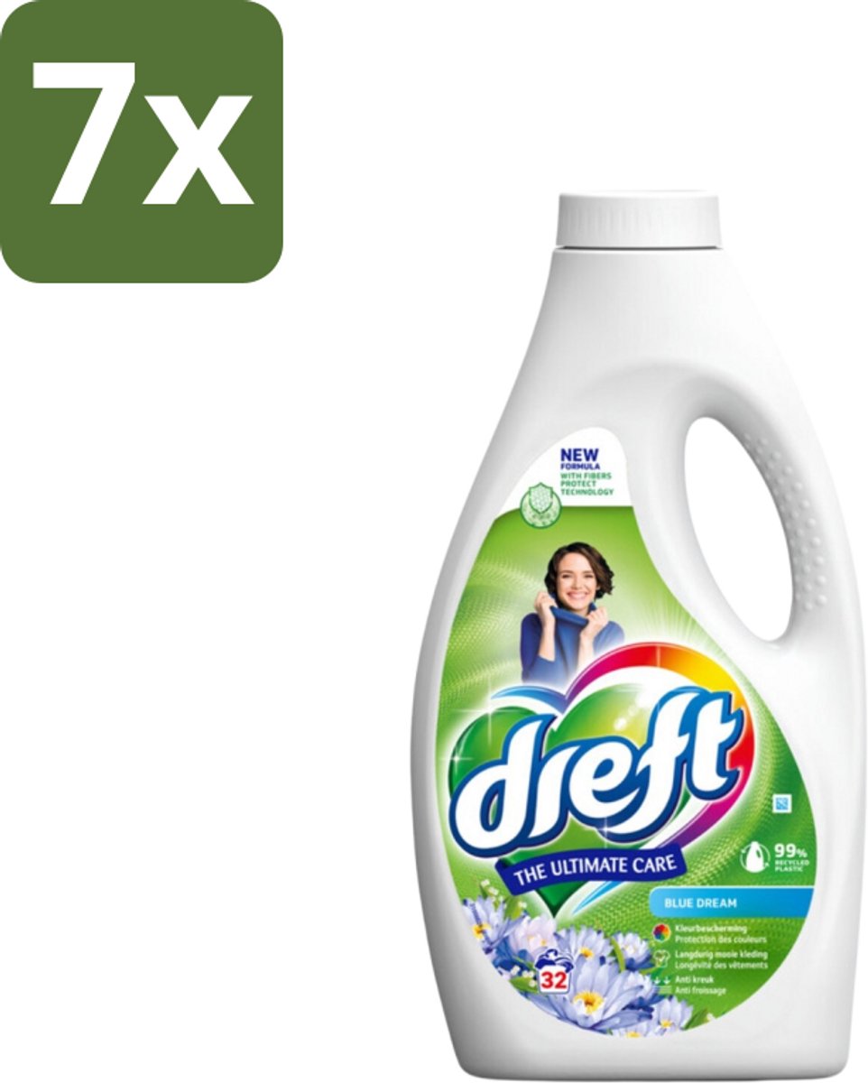 7 x Dreft Vloeibaar Wasmiddel Blue Dream 32 Wasbeurten 1,4 liter - Vloeibaar Wasmiddel - Gekleurde Was - Kleurbescherming - Frisse Was - Wasbeurt