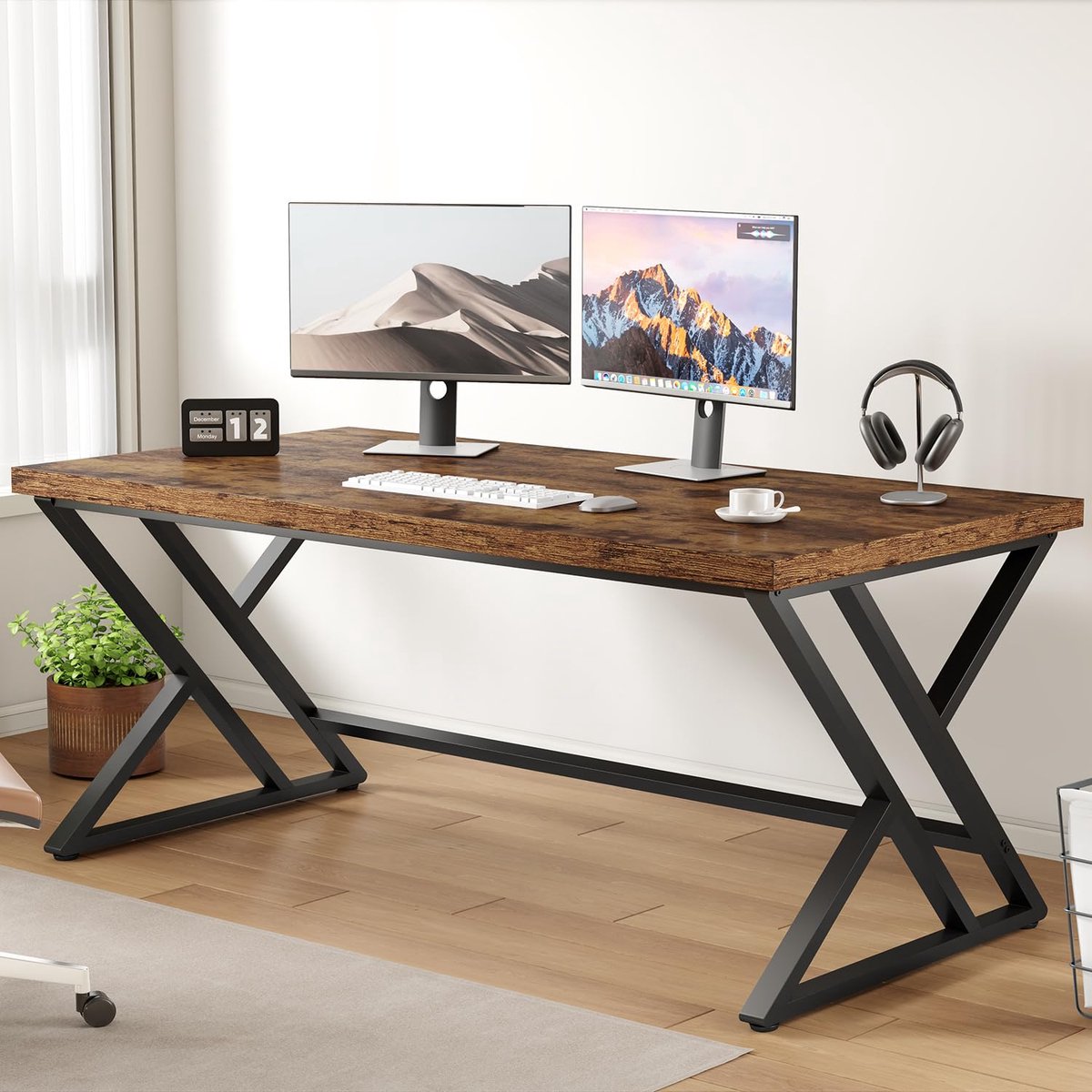 LVB Rustiek houten computerbureau, metalen thuiskantoor directiebureau, industrieel groot gamingschrijfbureau met - ShopVlot