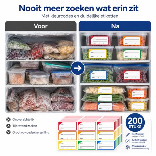 Diepvries met georganiseerde vriestiketten, voor en na.