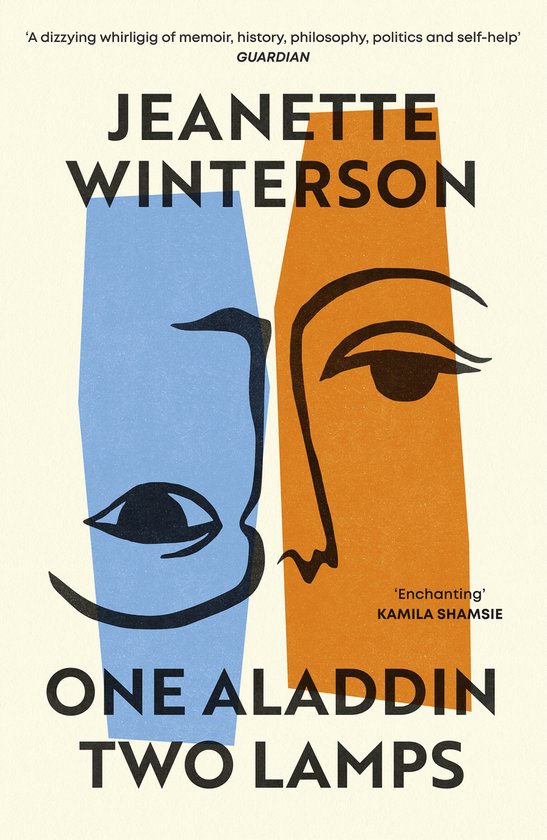 Couverture de livre avec deux visages, un bleu et un orange, titrée 'One Aladdin Two Lamps' par Jeanette Winterson.