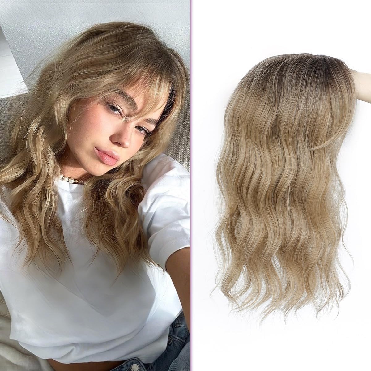 16 Inch Onzichtbare Golvende Haar Topper voor Vrouwen, 6.5" x 6.5" Basis Clip-in Haarstuk, Oplossing voor Dunner Wordend Haar, Natuurlijke Mix en Eenvoudig te Dragen