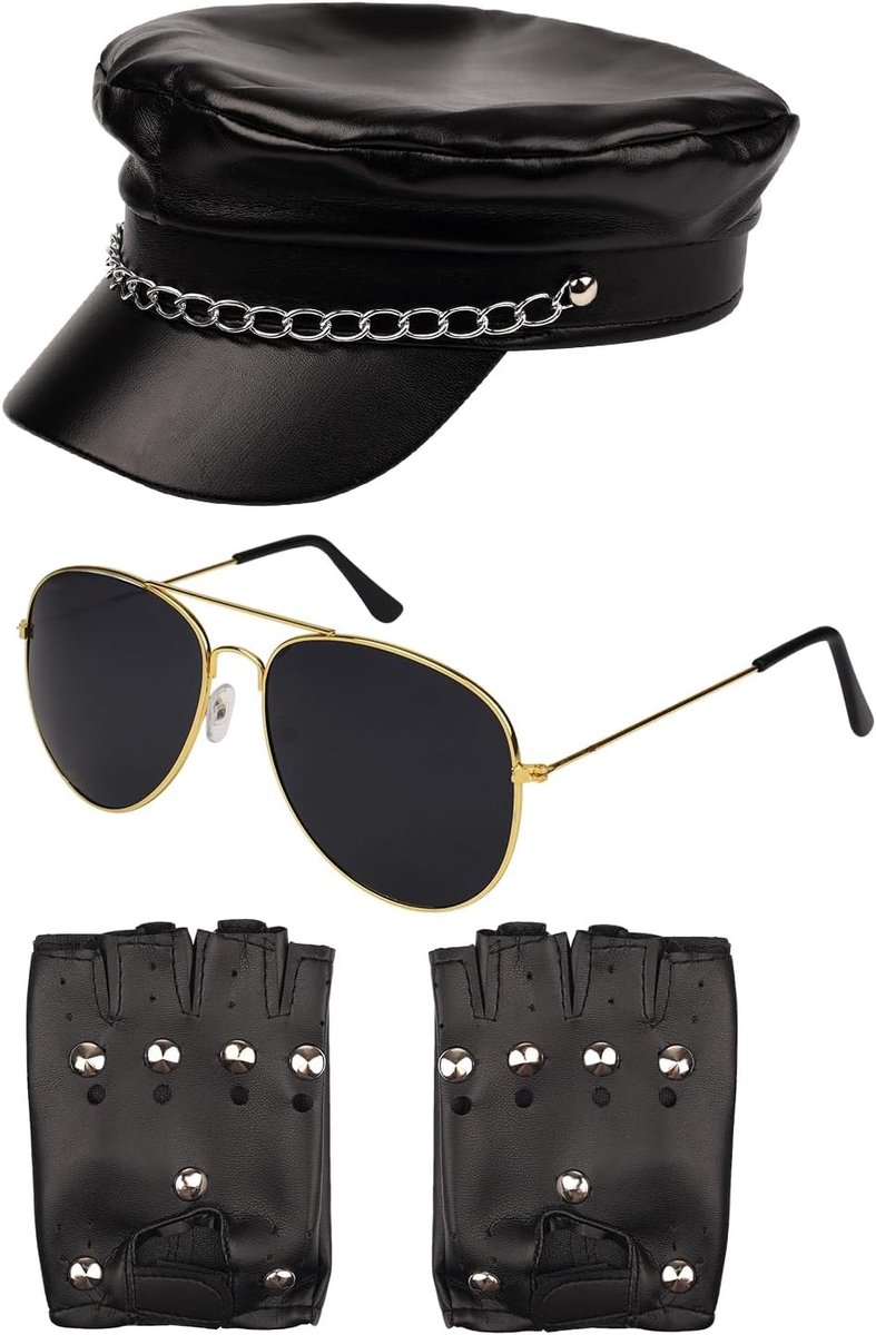 80s Biker Kostuum Accessoires voor Mannen - Zwarte Biker Cap, Zonnebril en Punk Handschoenen voor Feestjes en Verkleedkleding