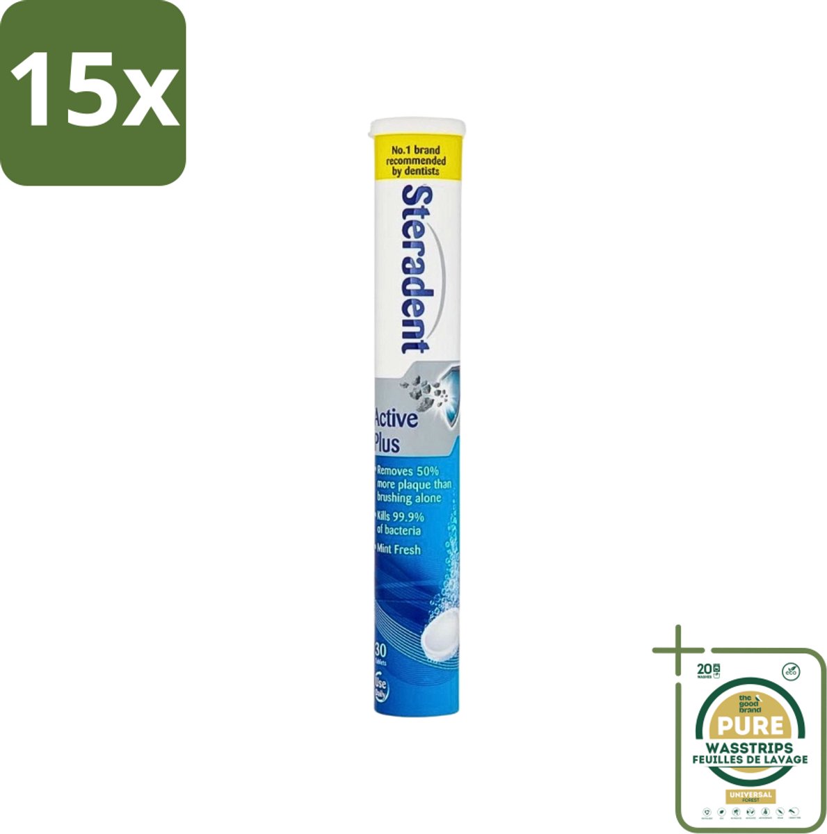 15 x Steradent - Reinigingstabletten - Active Plus - Tegen Tandsteen & Bacteriën - 30 Tabletten - Grootverpakking - Kunstgebit Reinigen - Tandsteen Verwijderen - Bacteriën Doden - Mondhygiëne - Adem Verfrissen