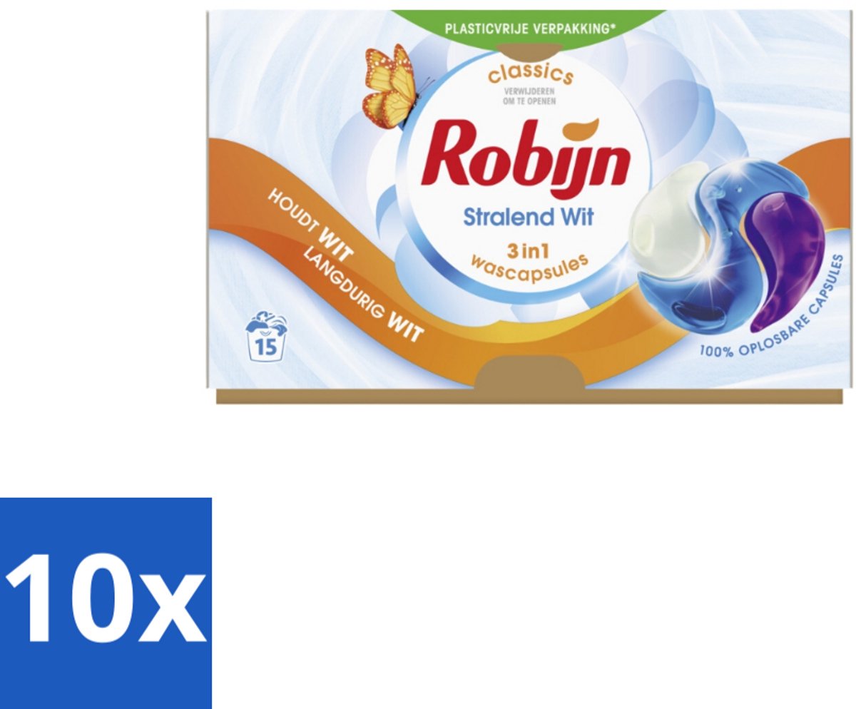 Robijn Wascapsules 3-in-1 Stralend Wit 15 stuks per verpakking - Bulkverpakking - 10 stuks