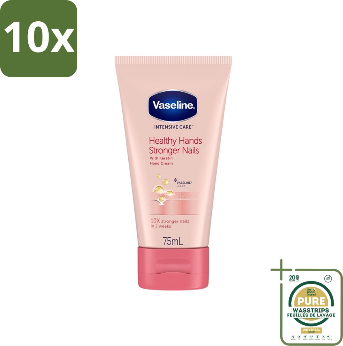 10 x Vaseline - Healthy Hands & Stronger Nails - Handcrème - Versterkend - 75 ml - Grootverpakking - Handcrème - Handen Verzorgen - Nagels Versterken - Keratine - Hydratatie