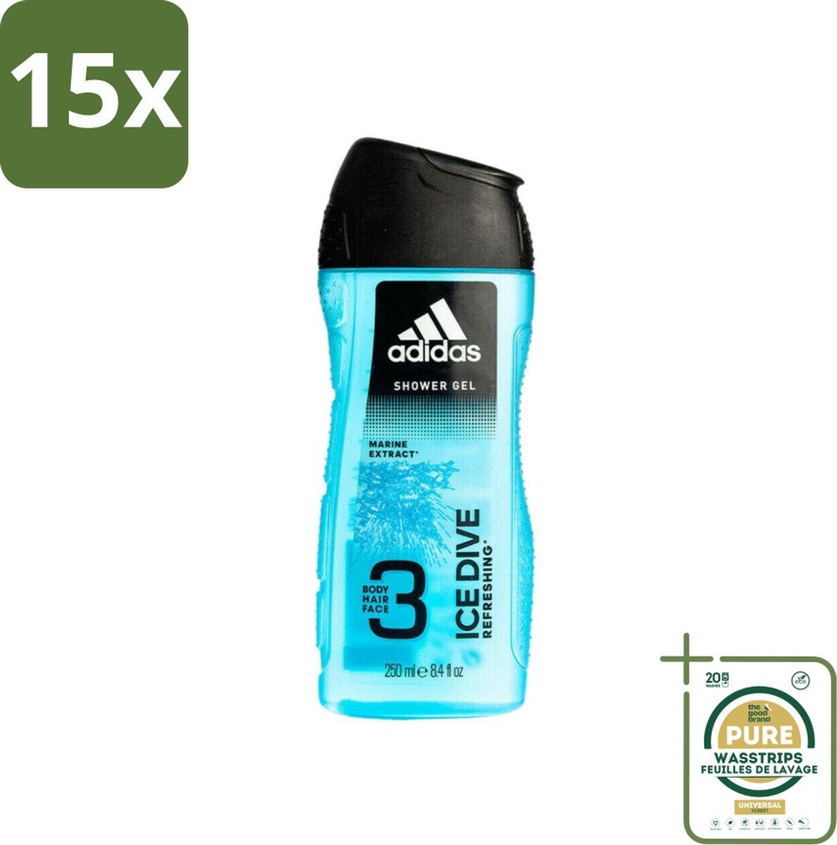 15 x Adidas - 3-in-1 Douchegel - Ice Dive Refreshing - Marine Extract - 250 ml - Grootverpakking - Douchegel - Douche En Shampoo - Verfrissend - Sportieve Verzorging - Frisheid
