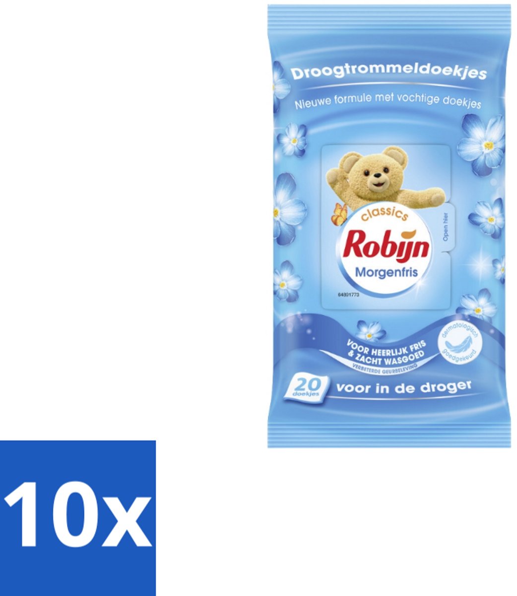 10 x Robijn – Droogtrommeldoekjes – Morgenfris - 20 Doekjes - Droogtrommeldoekjes - Wasgoed Drogen - Frisheid Droger - Wasgoed Verzorgen - Kleding Beschermen