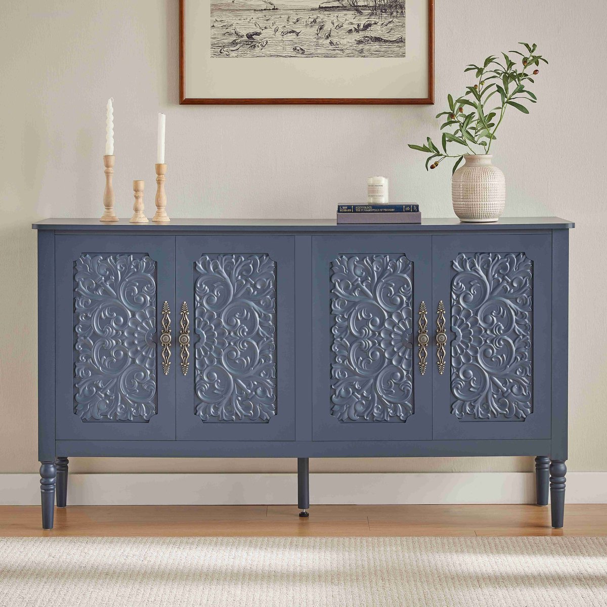 VVBV Hoekkast 160x40x89 cm - Antiek Reliëf, Afgeronde Hoeken, Opbergruimte - Marineblauw