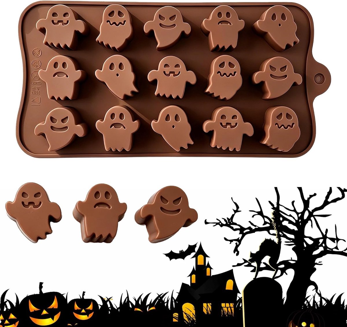 Siliconen Halloween-spookvorm, geschikt voor chocolade, praline en fondant - Chocoladespookvorm met 15 gaatjes, te gebruiken voor het maken van snoepjes, ijsblokjes, taarten en Halloween-decoraties.
