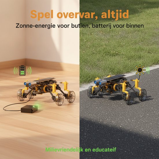 Twee zonne-robots, één binnen opgeladen met batterij-icoon, de ander buiten met zonnepaneel en zon-icoon.