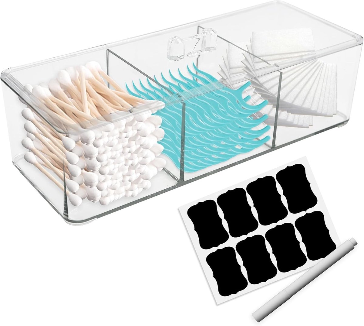 Houder voor Wattenstaafjes met 3 Compartimenten, Transparante Box met Deksel voor Badkamer, Organizer voor Makeup Pads en Wattenbollen