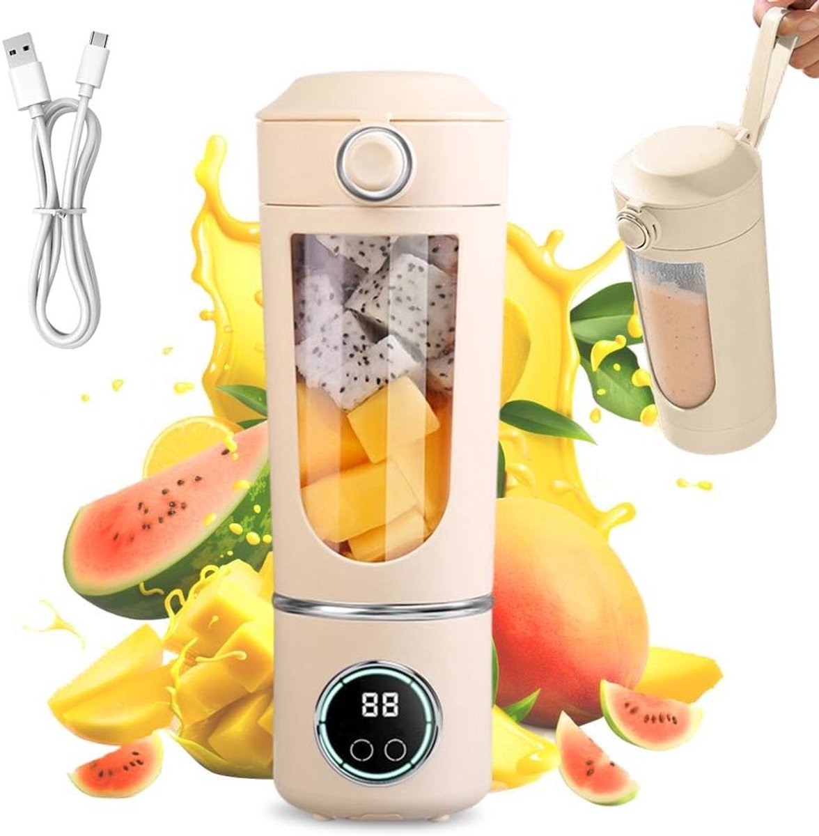 Draagbare blender - Mixer to go - Verse sap maken - 12 roestvrijstalen messen - 700 ml - Beige