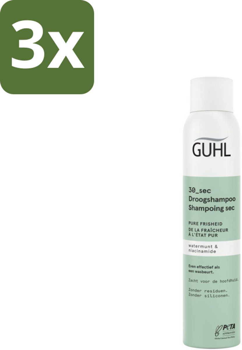 3 x Guhl – Droogshampoo – Pure Frisheid 30 sec – 200 ml - Droogshampoo - Fris Haar - Watermunt - Niacinamide - 30 Seconden